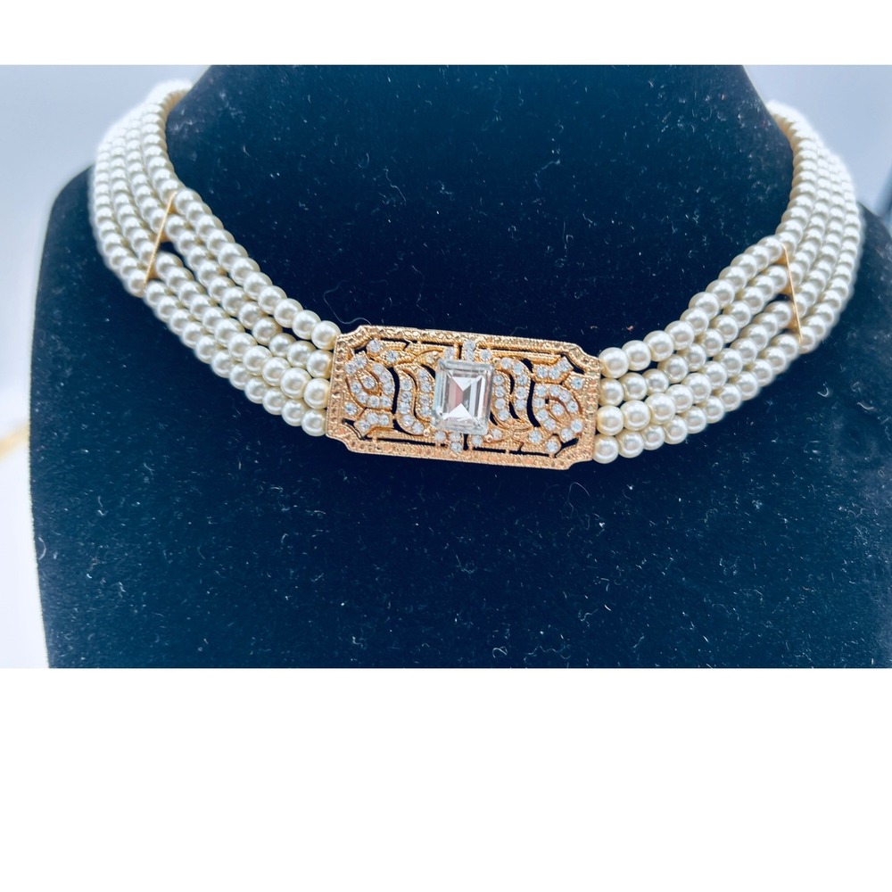 Saks Fifth 4 Strand Faux Pearl Choker Art Deco Gold Tone Crystal‎ Necklace